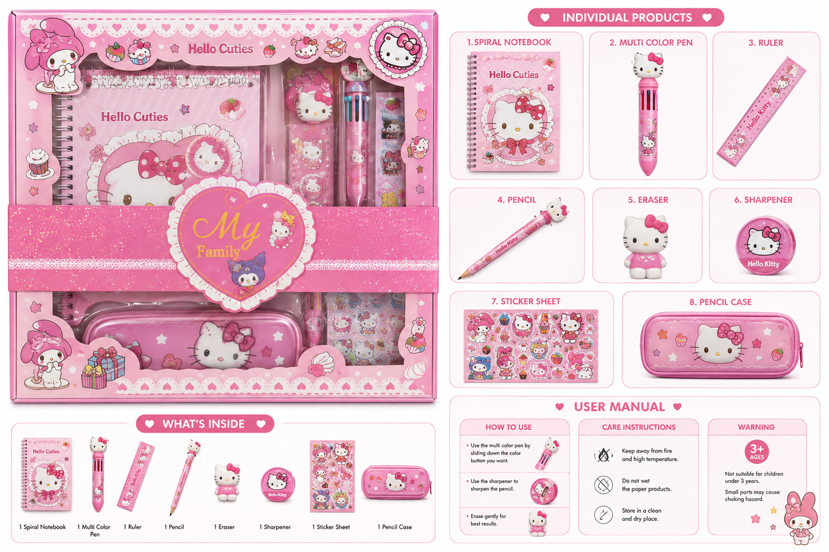 Kuromi Hellokitty Stationery Set Melody Diary Notepad Mini Notebook with Pen Ruler DIY Sticker Set  Gift