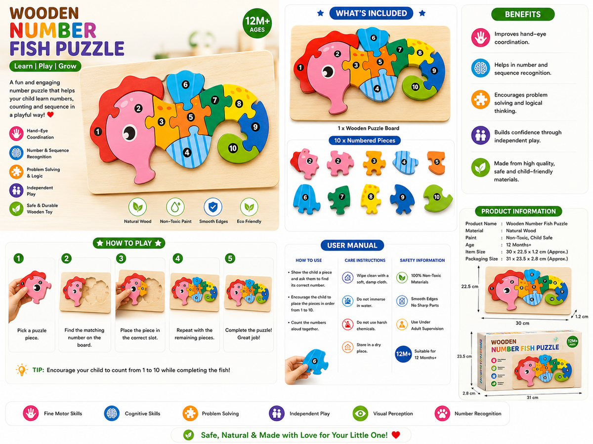 Wooden Number Seahorse Puzzle Board Toy
