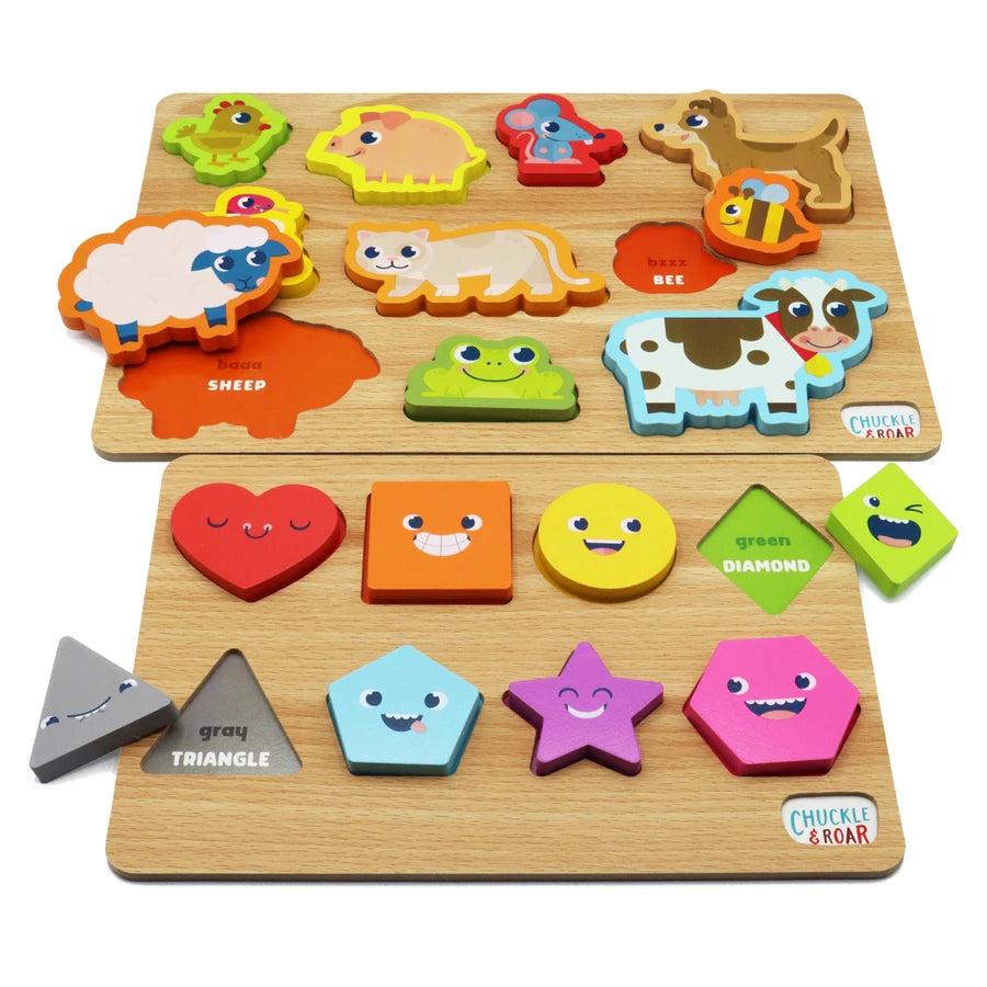 2 Pack of Wood Puzzles - Shapes & Animals Learning Puzzles