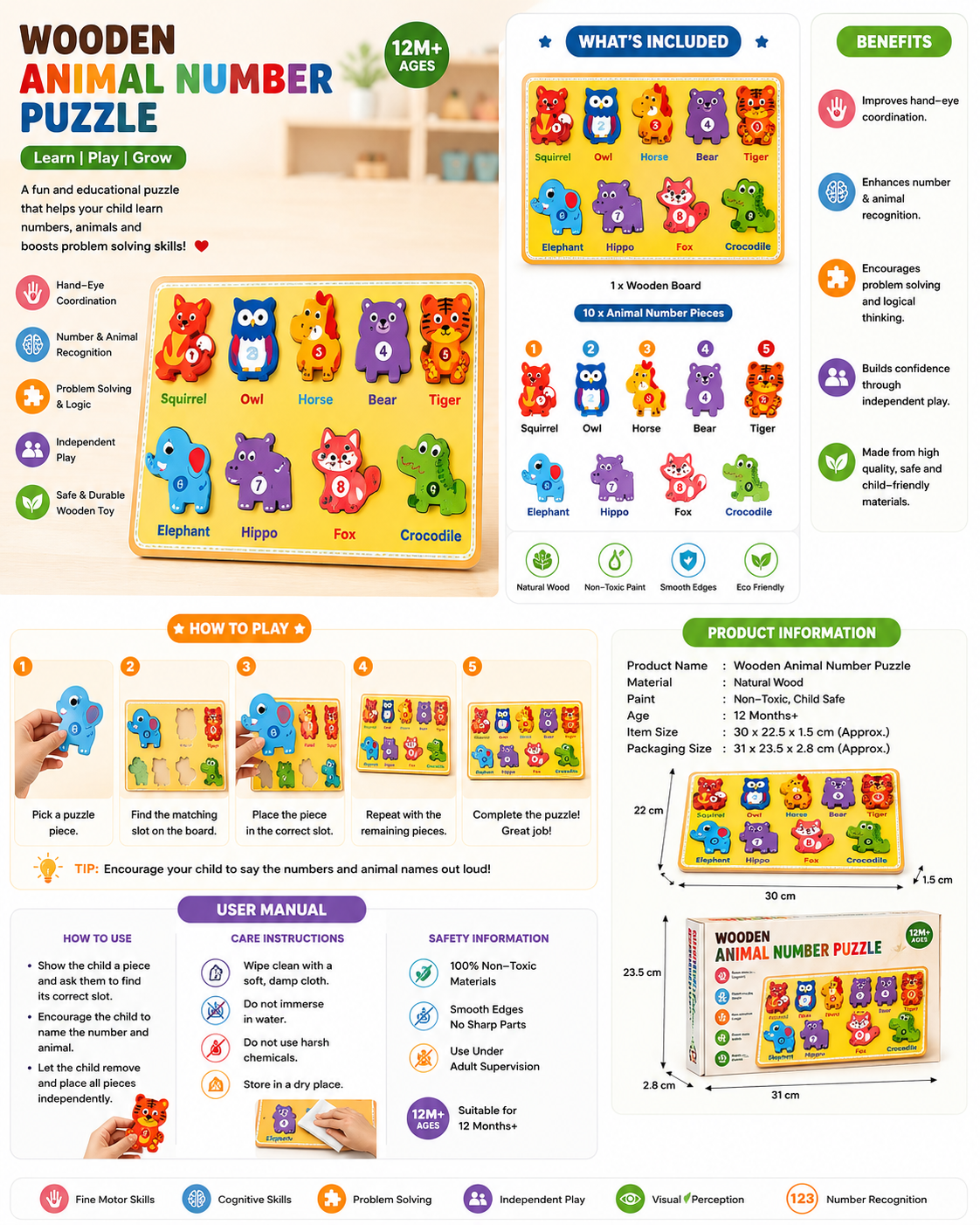 Wooden Animal Number Puzzle Board Toy