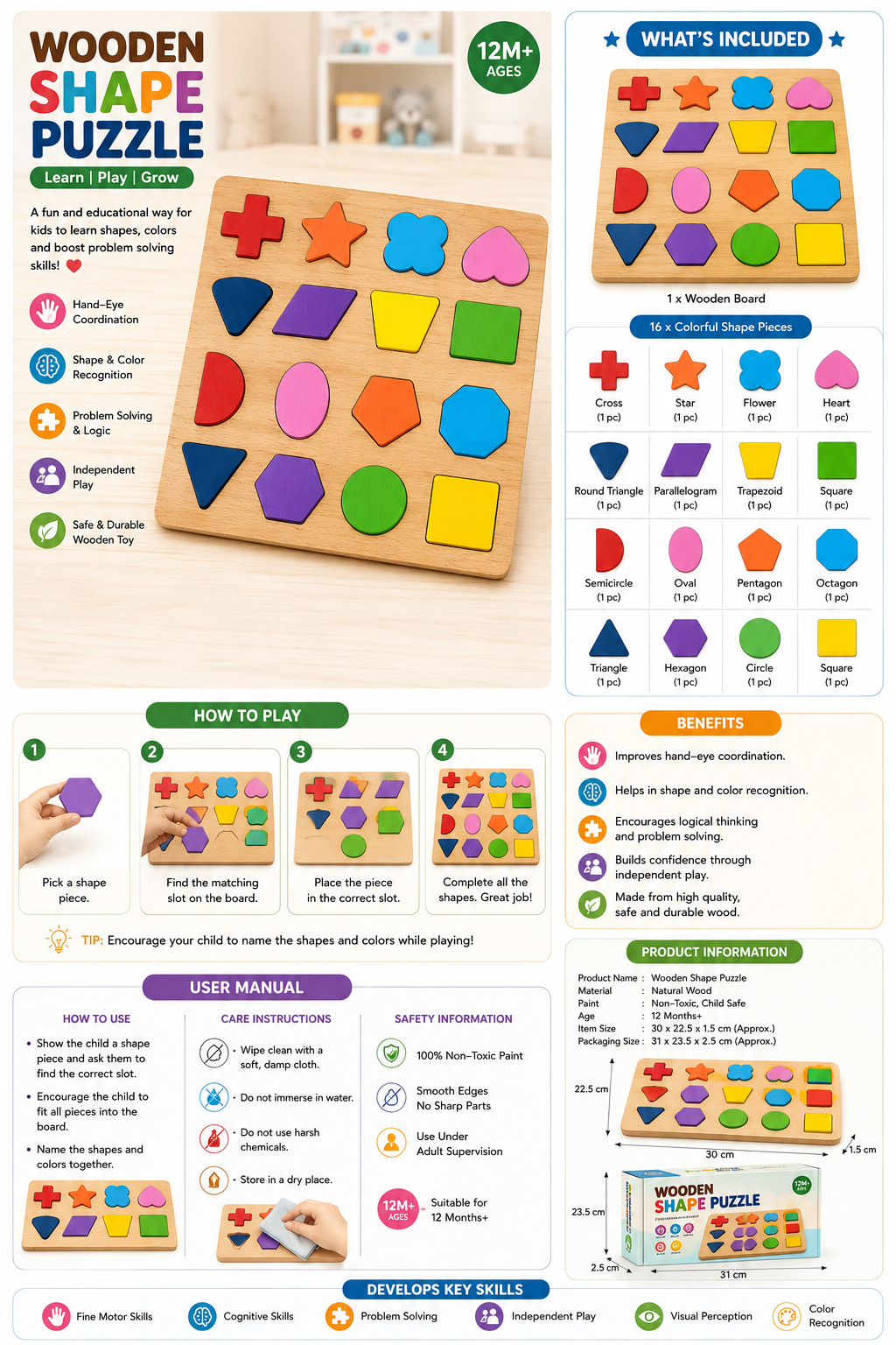 Wooden Shape Puzzle Board Toy