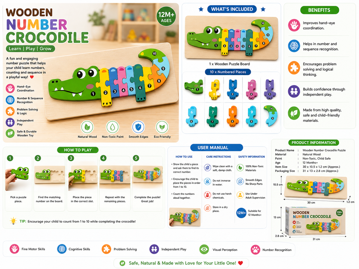 Wooden Number Crocodile Puzzle Board